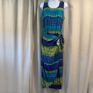 VTG Scarlett Maxi‎ Dress Green Blue Striped Floral Tie Waist Wpmens 7/8